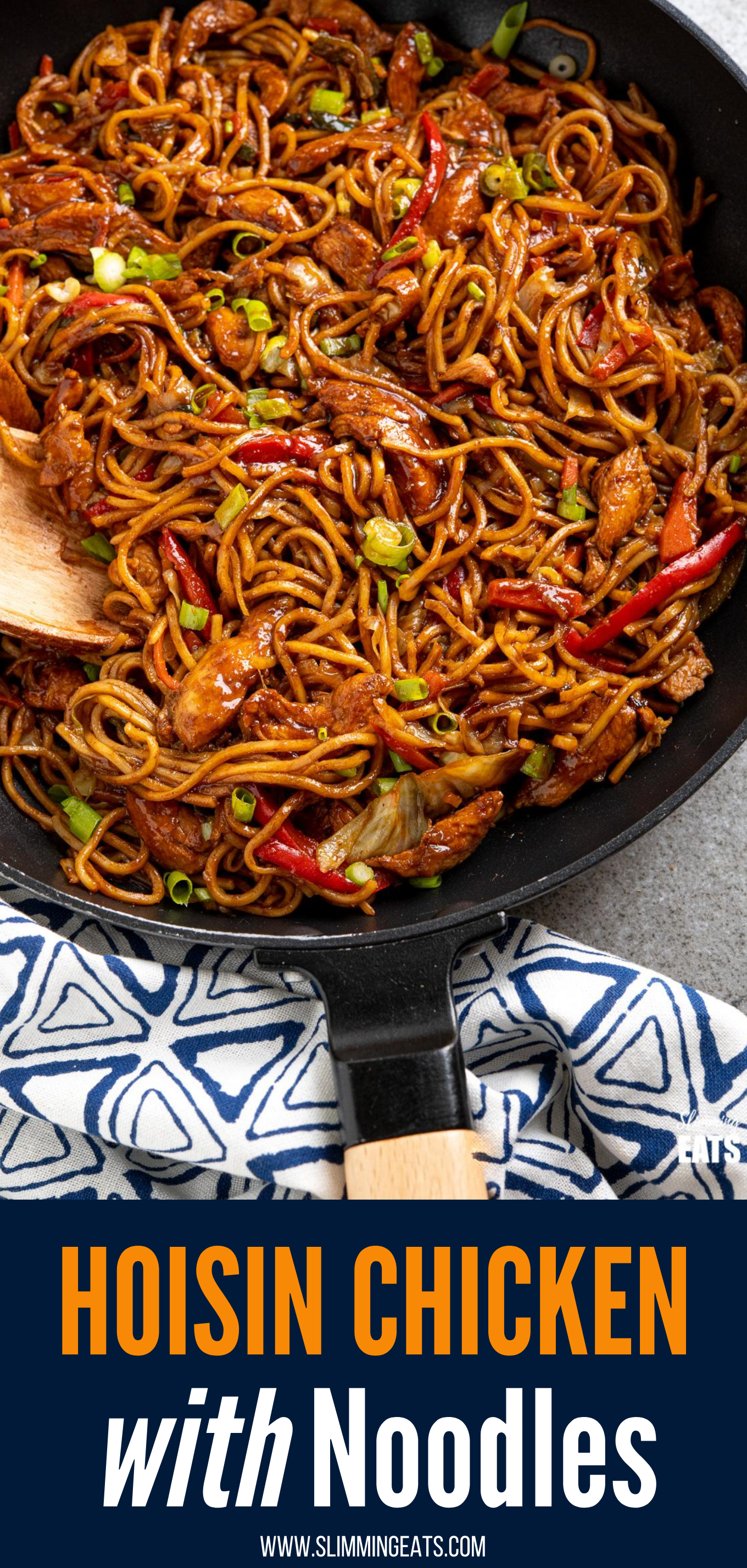 pin image of hoisin chicken with noodles in black frying pan