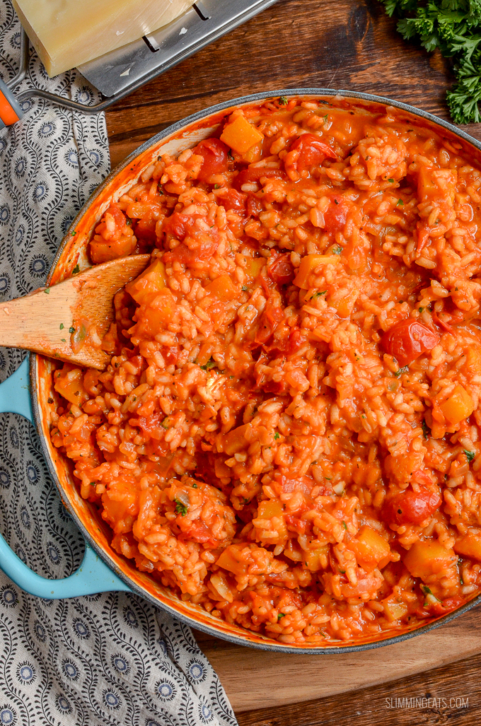 Dig into a bowl of this Delicious Syn Free Roasted Butternut Squash and Tomato Risotto - heavenly | gluten free, dairy free, Slimming World and Weight Watchers friendly
