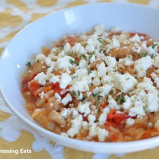 Chicken, Roasted Red Pepper and Sun-Dried Tomato Risotto topped with Crumbled Feta