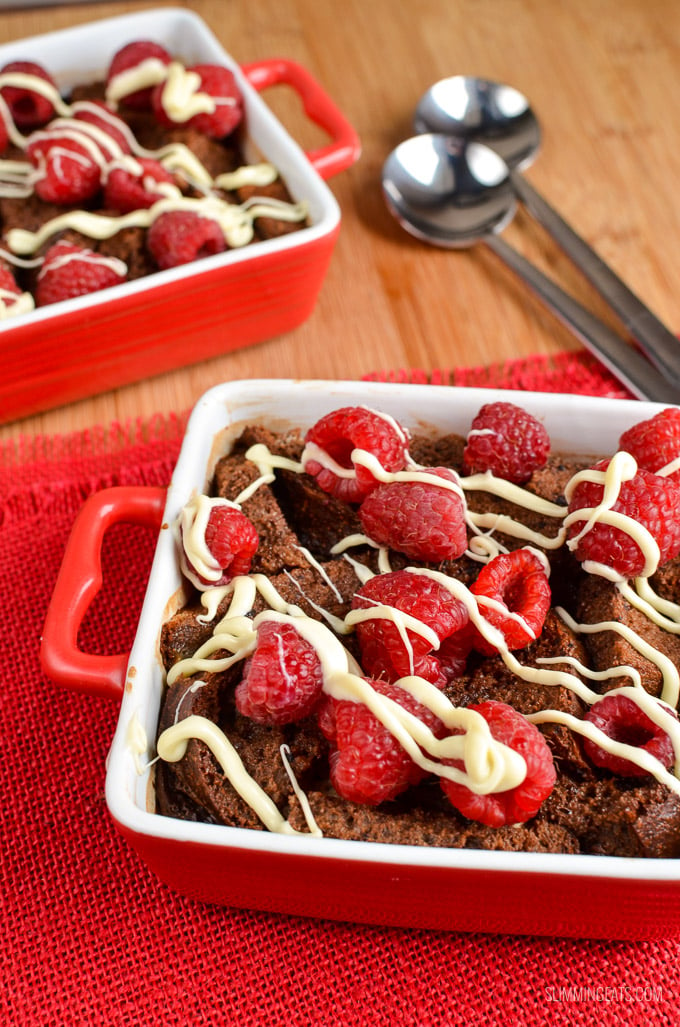 Slimming Eats Chocolate Bread Pudding with Raspberries and White Chocolate Drizzle - vegetarian friendly, Slimming Eats and Weight Watchers friendly