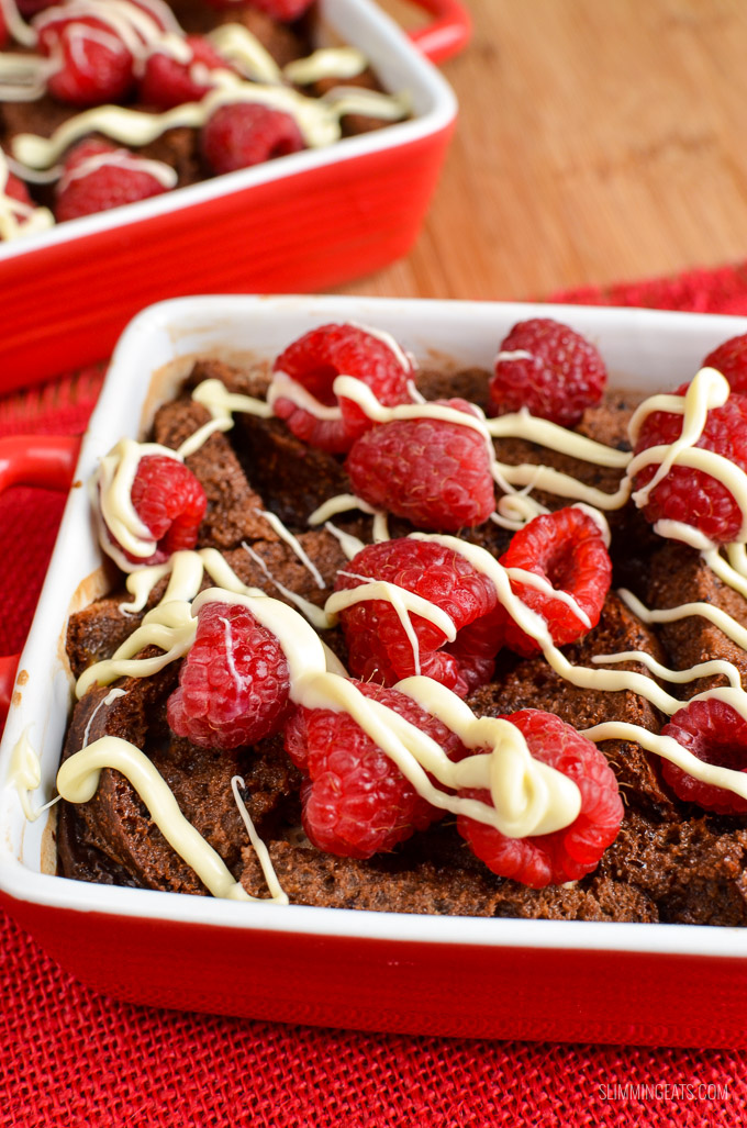 Slimming Eats Chocolate Bread Pudding with Raspberries and White Chocolate Drizzle - vegetarian friendly, Slimming Eats and Weight Watchers friendly