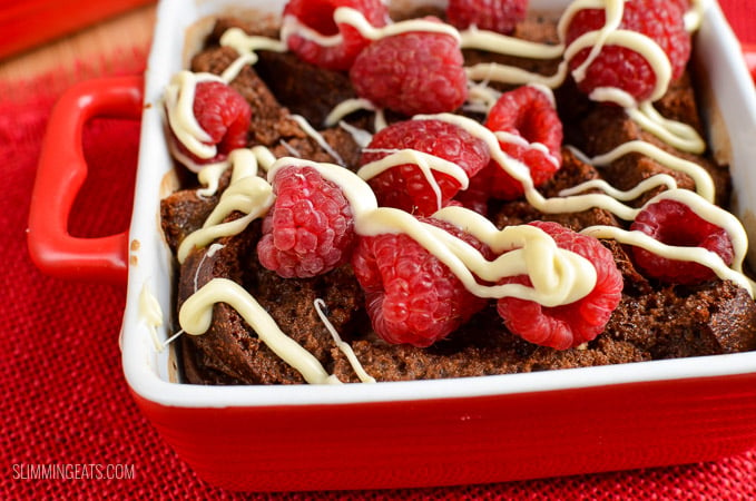 Slimming Eats Chocolate Bread Pudding with Raspberries and White Chocolate Drizzle - vegetarian friendly, Slimming Eats and Weight Watchers friendly