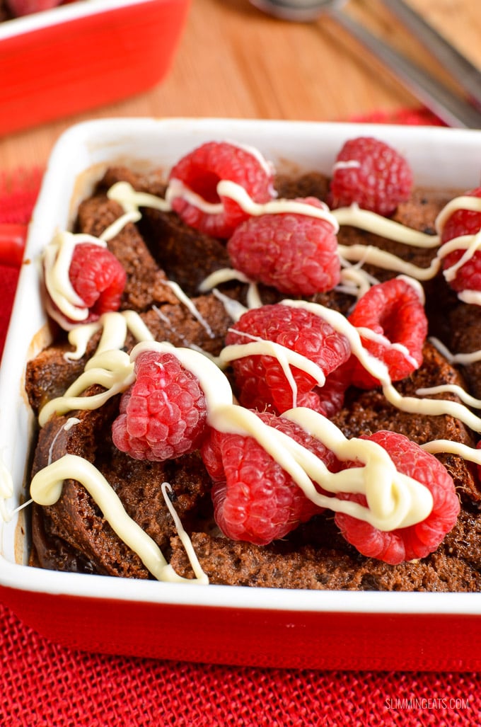 Slimming Eats Chocolate Bread Pudding with Raspberries and White Chocolate Drizzle - vegetarian friendly, Slimming Eats and Weight Watchers friendly