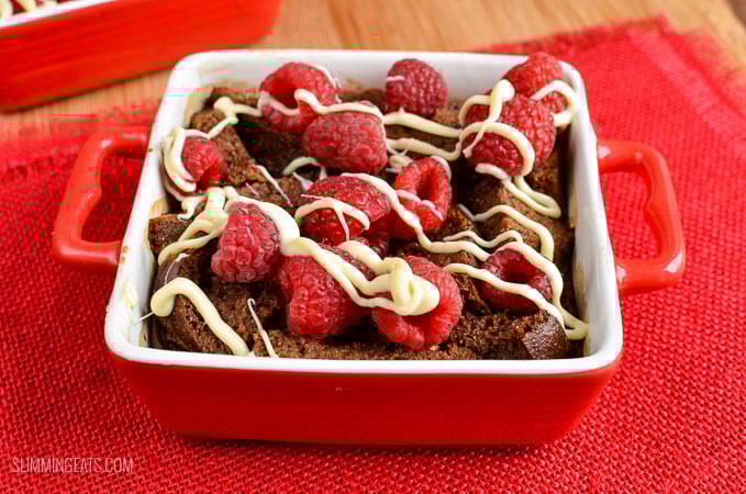 Slimming Eats Chocolate Bread Pudding with Raspberries and White Chocolate Drizzle - vegetarian friendly, Slimming Eats and Weight Watchers friendly
