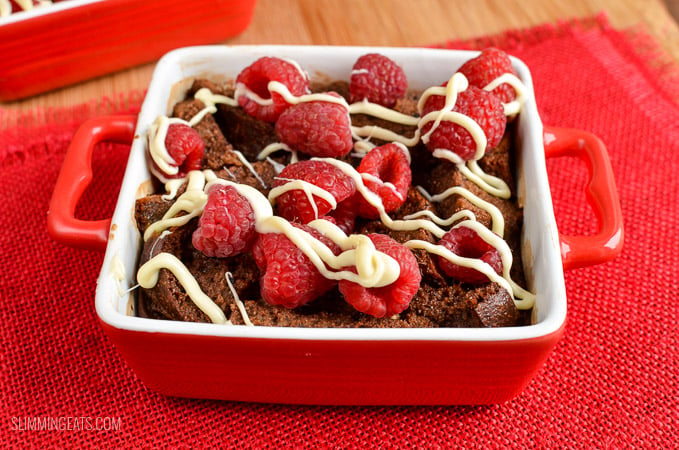 Slimming Eats Chocolate Bread Pudding with Raspberries and White Chocolate Drizzle - vegetarian friendly, Slimming Eats and Weight Watchers friendly