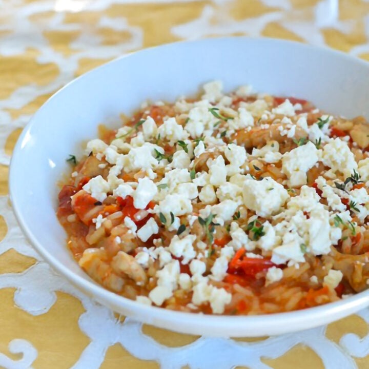 Chicken, Roasted Red Pepper and Sun-Dried Tomato Risotto topped with Crumbled Feta