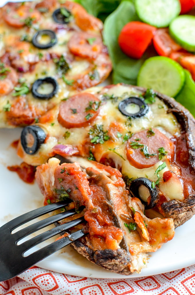 Delicious Portobello Mushroom Pizzas - the perfect recipe for those pizza cravings, just add sauce, toppings of choice and cheese.  | gluten free, vegetarian, Slimming Eats and Weight Watchers friendly #pizza #mushroom #glutenfree #slimmingworld #weightwatchers