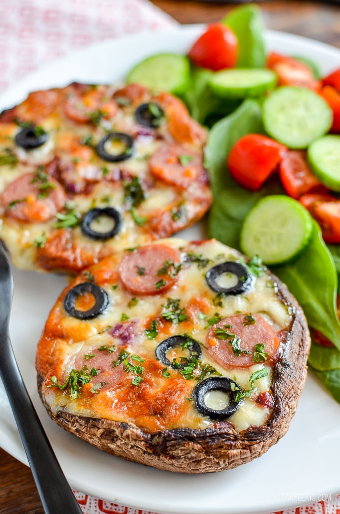 Delicious Portobello Mushroom Pizzas - the perfect recipe for those pizza cravings, just add sauce, toppings of choice and cheese.  | gluten free, vegetarian, Slimming Eats and Weight Watchers friendly #pizza #mushroom #glutenfree #slimmingworld #weightwatchers