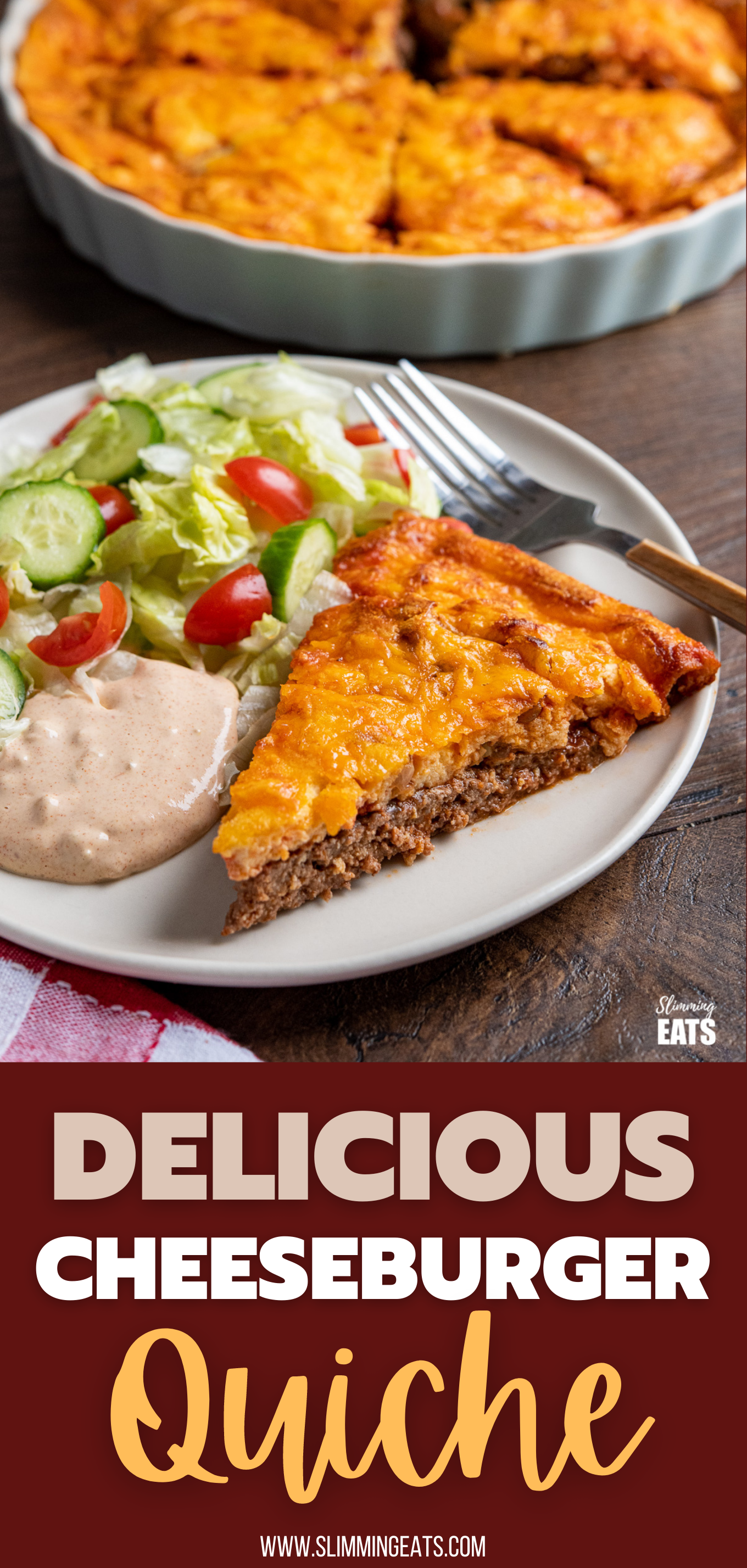 slice of cheeseburger quiche on a plate with burger sauce and salad