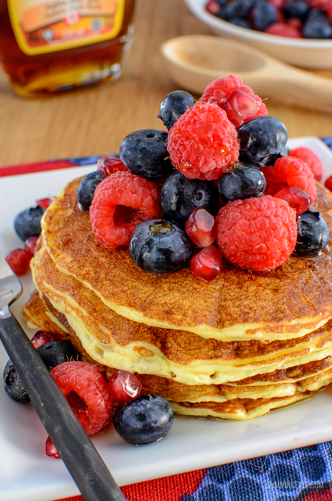 Delicious Cottage Cheese Pancakes - no healthy extras need for these. So perfect to enjoy any time of day. Gluten Free, Vegetarian, Slimming World and Weight Watchers friendly.  SYNS: 2.5 | CALORIES: 282 | WEIGHT WATCHERS SMART POINTS: 3 | www.slimmingeats.com