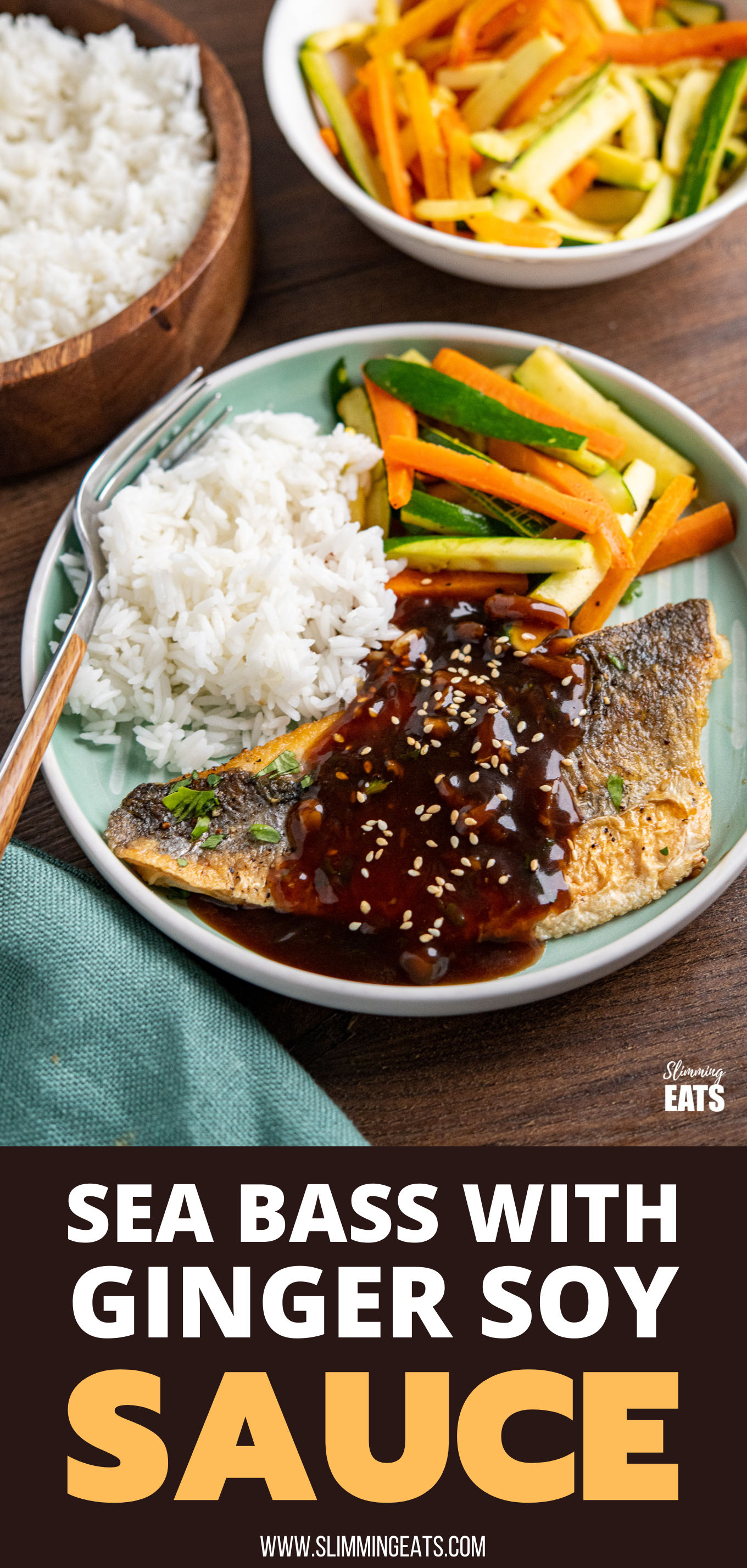 Pan-fried Sea Bass with Ginger Soy Sauce on teal plate with rice, carrot and zucchini stir fry