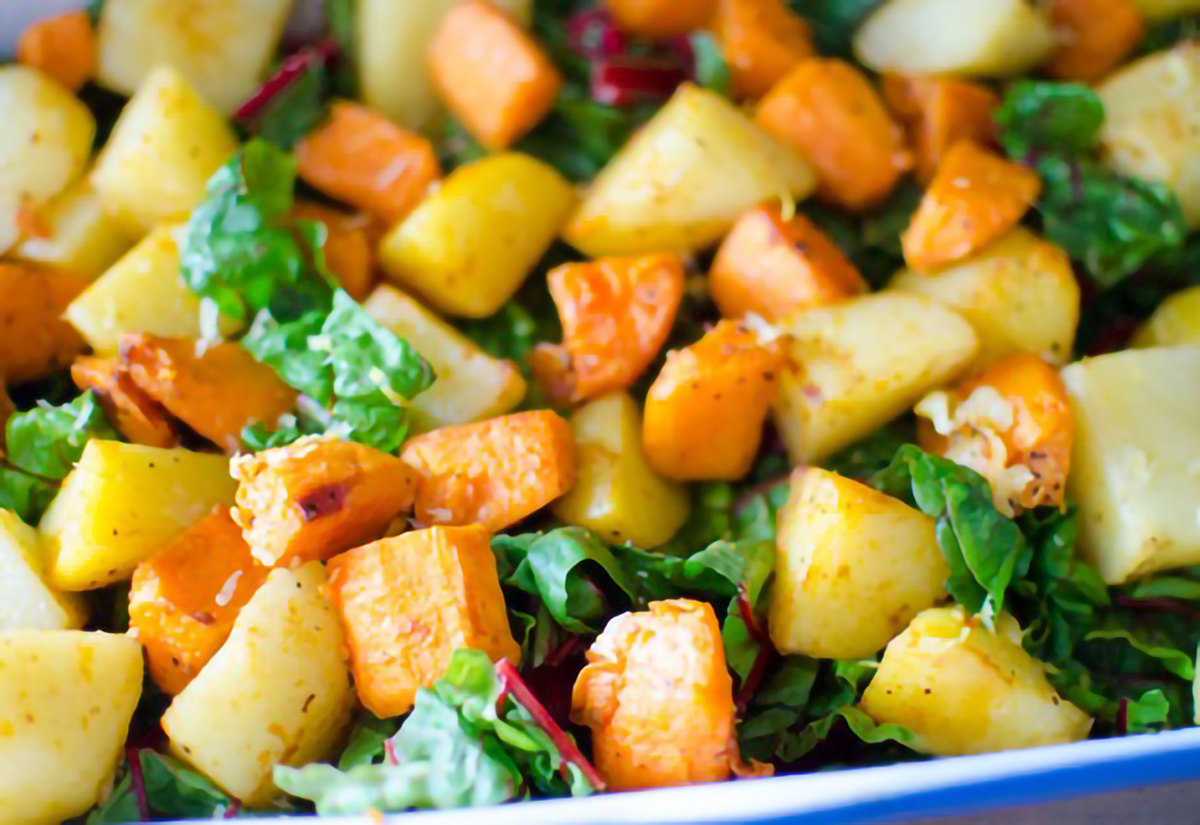 potatoes and sweet potatoes, swish chard seasoned and baked in a baking dish