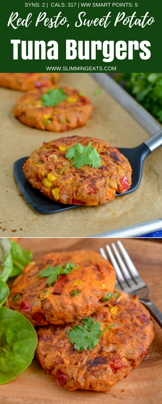 Add a batch of these Amazing Red Pesto, Sweet Potato and Tuna Burgers to your meal plan this week and serve them for lunch with a mixed salad or even on the side of some soup. They are perfect to enjoy hot or cold. Gluten Free, Slimming World and Weight Watchers friendly | www.slimmingeats.com #weightwatchers #slimmingworld #glutenfree #burgers #tuna #sweetpotato