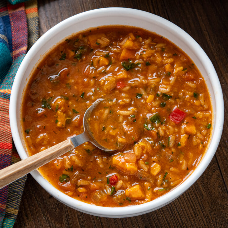 Spicy Sweet Potato, Vegetable and Rice Soup