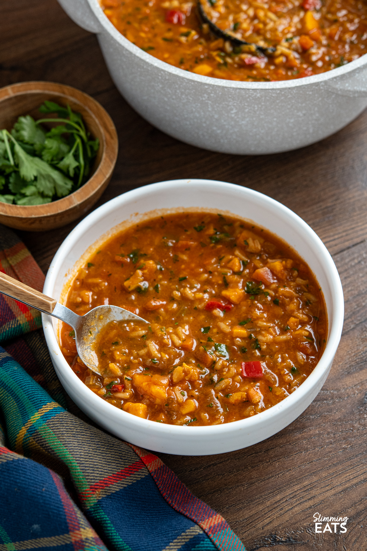 portion of Spicy Sweet Potato, Vegetable and Rice Soup in a white bowl with a spoon