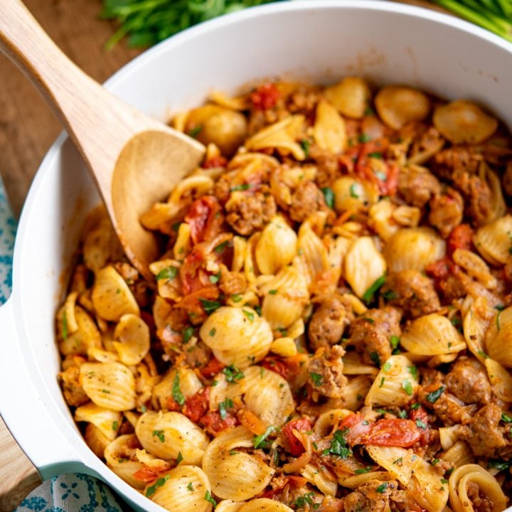 Sausage, Balsamic Tomatoes and Onion with Orecchiette