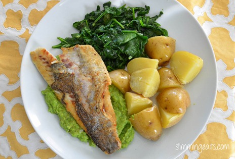 Slimming Eats Pan-fried Sea Bass with Creamy Mashed Peas - gluten free, Slimming World and Weight Watchers friendly