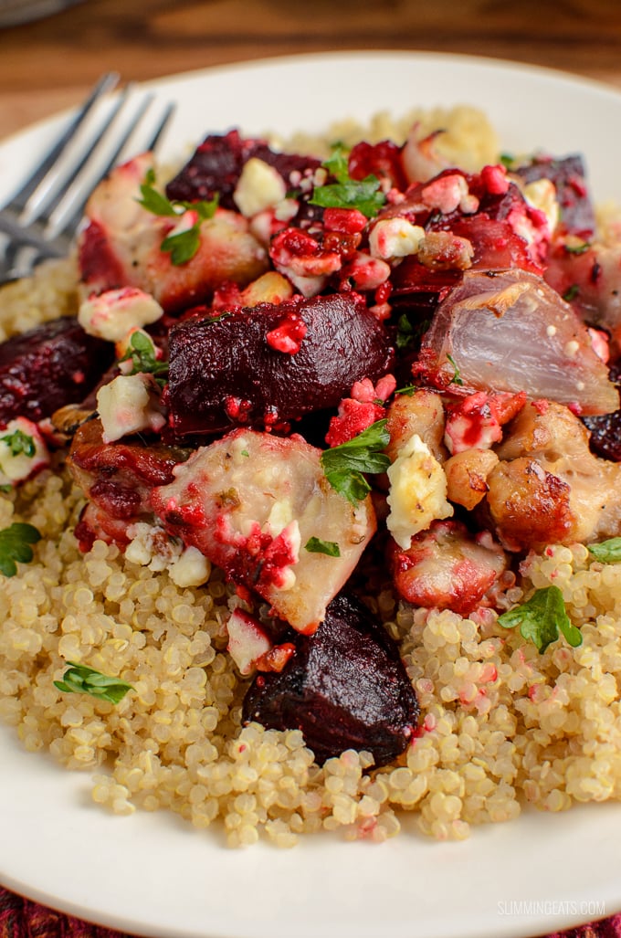 Flavour explosion in this Chicken, Feta and Roasted Beetroot Bake - a perfect easy dinner. Gluten Free, Slimming Eats and Weight Watchers friendly | www.slimmingeats.com