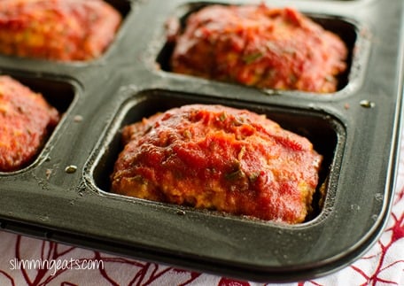 Delicious Single Serving Mini Chicken Meatloaves with Tomato and Rosemary Sauce, no need to worry about sharing with these.  Gluten Free, Dairy Free, Paleo and Weight Watchers friendly