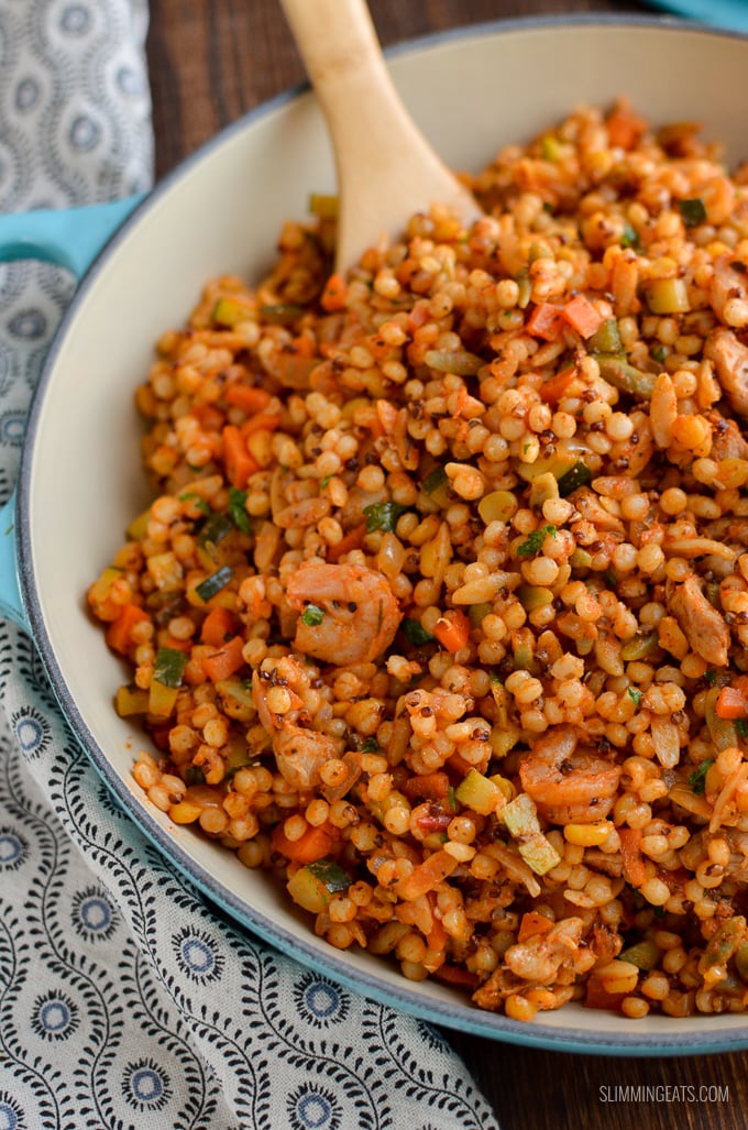 Harvest Grain Blend with Chicken and Shrimp - a combination mix of Israeli couscous, orzo, red quinoa and lentils with delicious vegetables and Chicken and Shrimp. Slimming Eats and Weight Watchers friendly | www.slimmingeats.com #slimmingeats #weightwatchers #shrimp #chicken