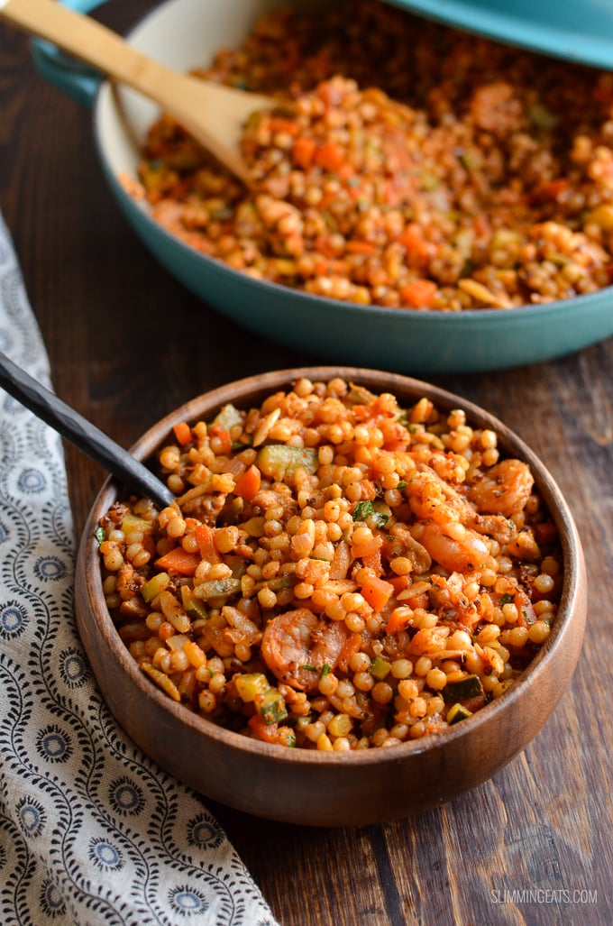 Harvest Grain Blend with Chicken and Shrimp - a combination mix of Israeli couscous, orzo, red quinoa and lentils with delicious vegetables and Chicken and Shrimp. Slimming Eats and Weight Watchers friendly | www.slimmingeats.com #slimmingeats #weightwatchers #shrimp #chicken