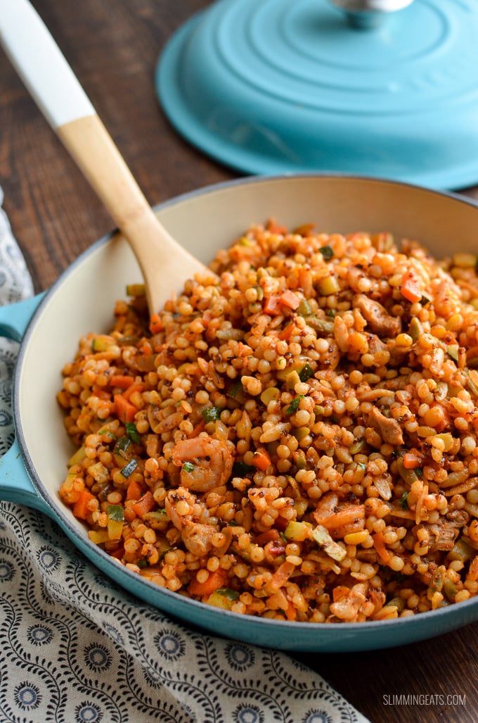 Harvest Grain Blend with Chicken and Shrimp - a combination mix of Israeli couscous, orzo, red quinoa and lentils with delicious vegetables and Chicken and Shrimp. Slimming Eats and Weight Watchers friendly | www.slimmingeats.com #slimmingeats #weightwatchers #shrimp #chicken