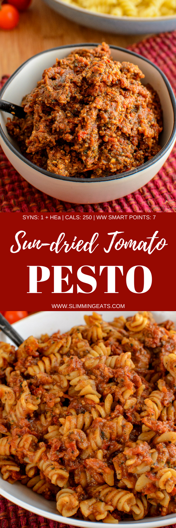 Smother your pasta in this delicious Low Syn Sun-dried Tomato Red Pesto - using your HEa, it's only 1 syn for half the recipe. Gluten Free, Slimming World and Weight Watchers friendly | www.slimmingeats.com