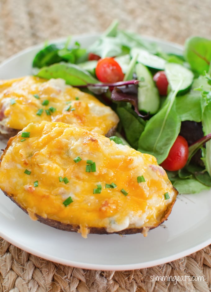 Slimming Eats Cheddar and Bacon Twice Baked Potatoes - gluten free, Slimming Eats and Weight Watchers friendly Slimming Eats Cheddar and Bacon Twice Baked Potatoes - gluten free, Slimming Eats and Weight Watchers friendly