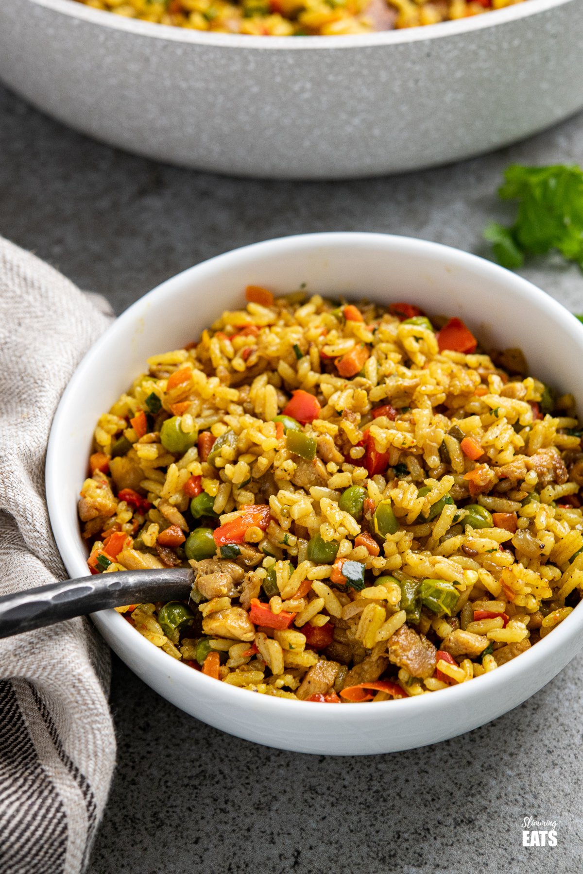One Pot Coconut Chicken Curry Rice - a super easy all in one pan family-friendly meal with pieces of tender chicken thigh and vegetables with delicious coconut and curry flavours. Coconut Chicken Curry Rice in a white bowl fork