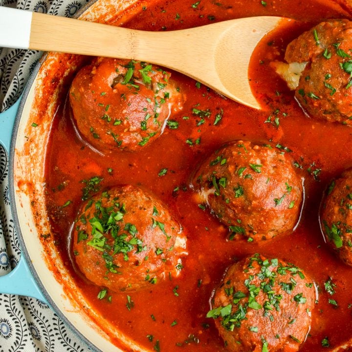 Mega Stuffed Meatballs with a Tomato Sauce