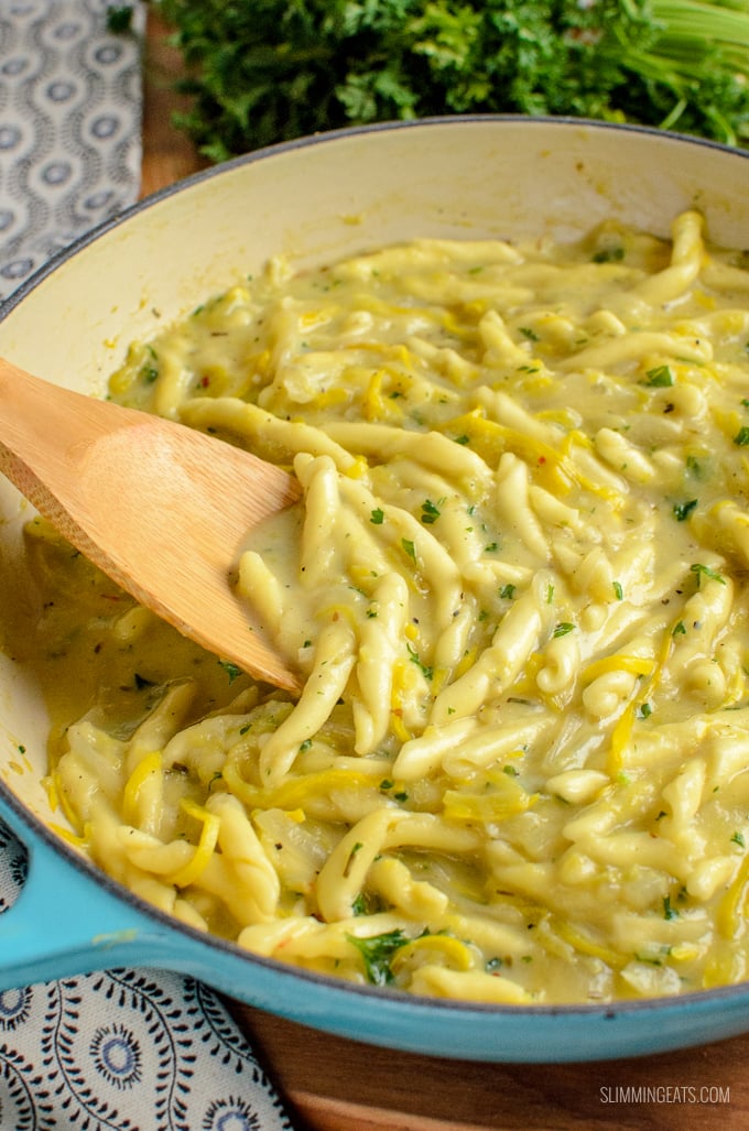 Garlic, Yellow Zucchini and Pasta - simple ingredients combine for a delicious Dairy Free One Pot Creamy Yellow Zucchini Pasta. Gluten Free, Vegan, Slimming Eats and Weight Watchers friendly  | Calories: 402 | Weight Watchers Smart Points: 11 | www.slimmingeats.com