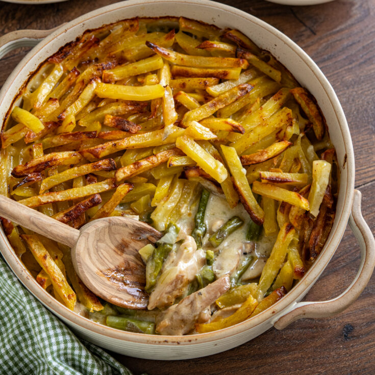 Crispy Potato Topped Chicken and Asparagus Pie