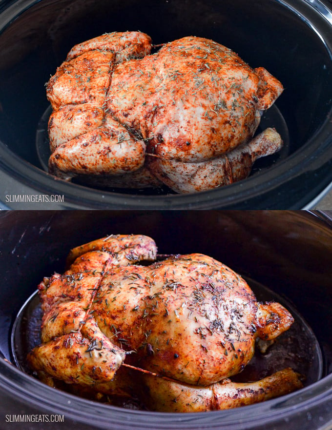 picture of whole chicken in slow cooker, with seasoning added uncooked and then cooked. 