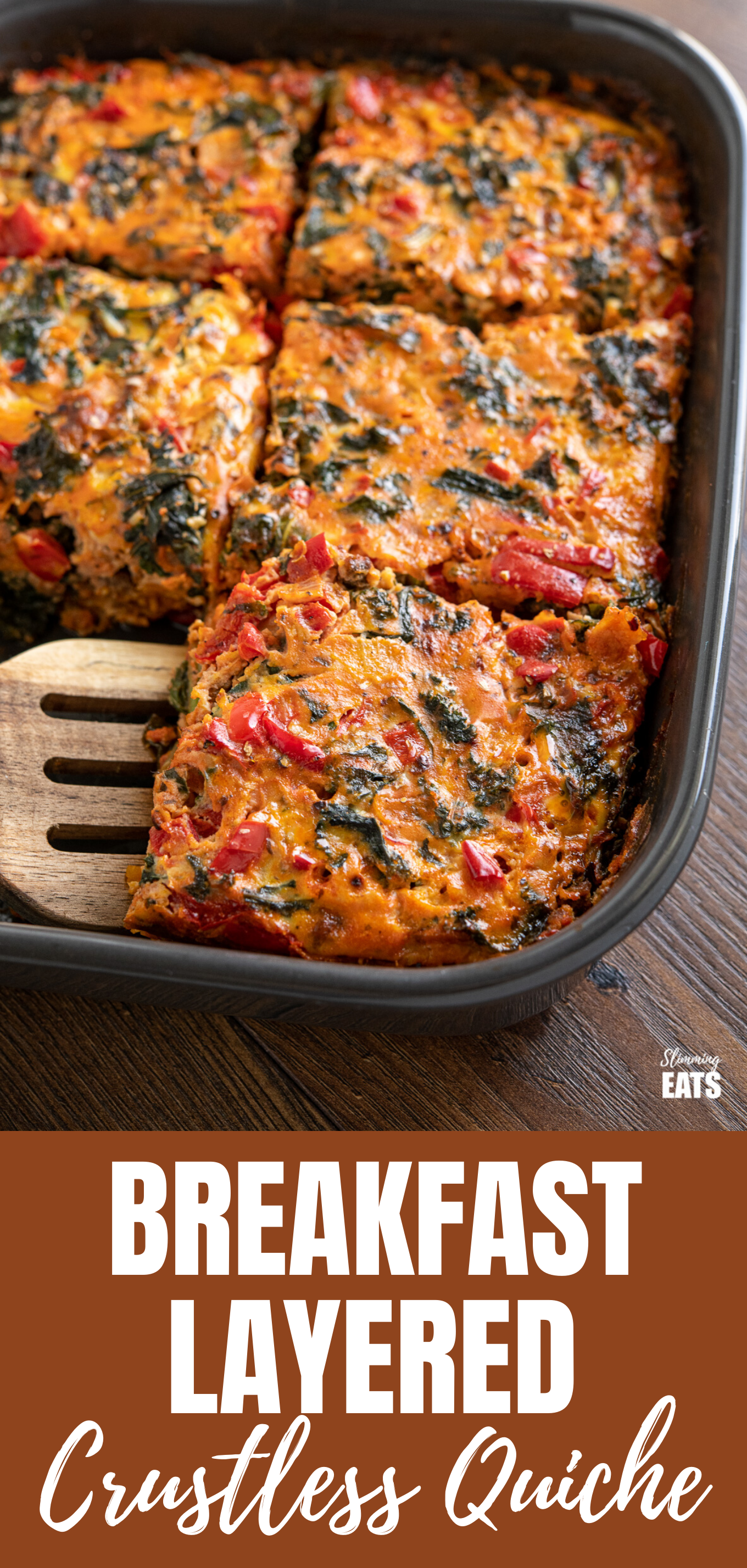 Breakfast Layered Crustless Quiche (from www.slimmingeats.com) - makes a delicious and filling breakfast, it is packed with protein and can be served hot or cold. #Paleo #slimmingeats #weightwatchers #breakfast #glutenfree #dairyfree #whole30 #eggs Breakfast Layered Crustless Quiche featured pin image