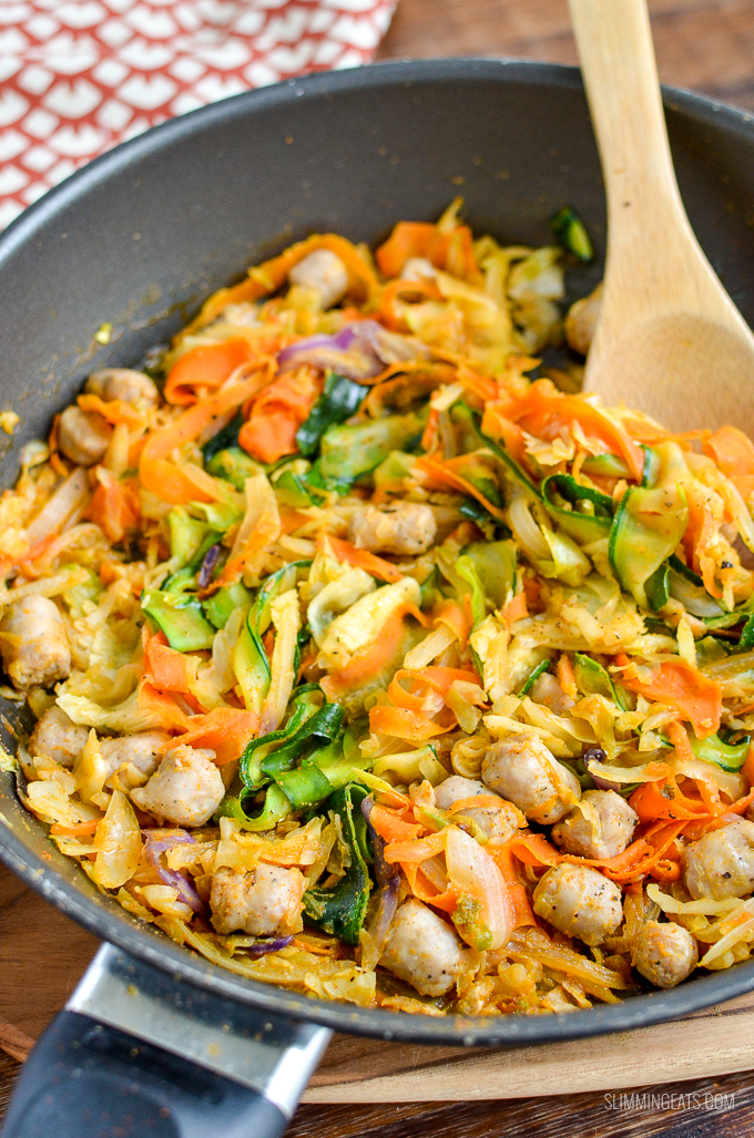 Spicy Sausage and Veggies - a delicious and healthy meal packed with speed foods. Gluten Free, dairy free, paleo, Slimming Eats and Weight Watchers friendly