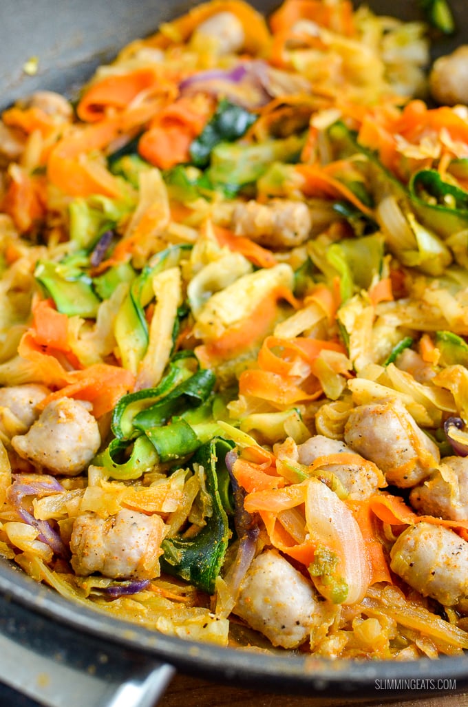 Spicy Sausage and Veggies - a delicious and healthy meal packed with speed foods. Gluten Free, dairy free, paleo, Slimming Eats and Weight Watchers friendly