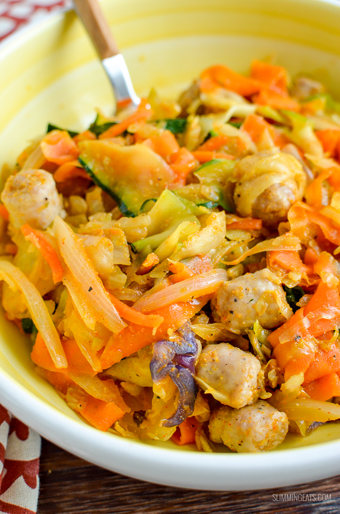 Spicy Sausage and Veggies - a delicious and healthy meal packed with speed foods. Gluten Free, dairy free, paleo, Slimming World and Weight Watchers friendly
