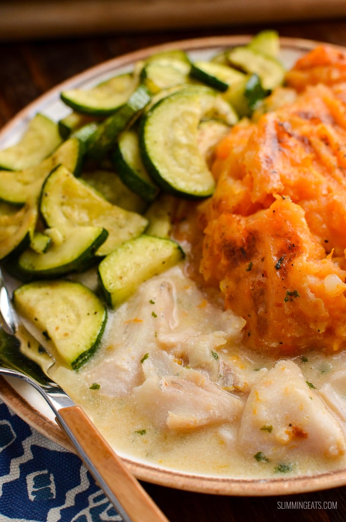 A Simple Dairy Free Fish Pie topped with Delicious Mashed White and Sweet Potato for a comforting family meal. | gluten free, dairy free, paleo, Whole30, Slimming Eats and Weight Watchers friendly A Simple Dairy Free Fish Pie topped with Delicious Mashed White and Sweet Potato for a comforting family meal. | gluten free, dairy free, paleo, Whole30, Slimming Eats and Weight Watchers friendly