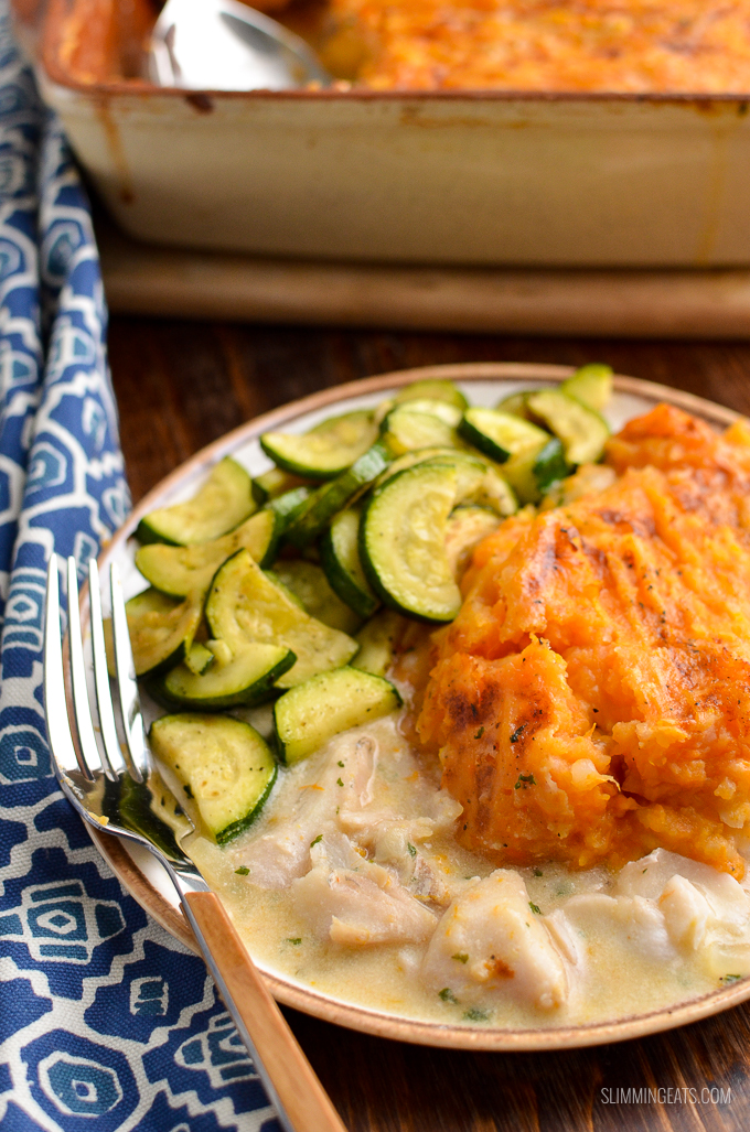 A Simple Dairy Free Fish Pie topped with Delicious Mashed White and Sweet Potato for a comforting family meal. | gluten free, dairy free, paleo, Whole30, Slimming Eats and Weight Watchers friendly