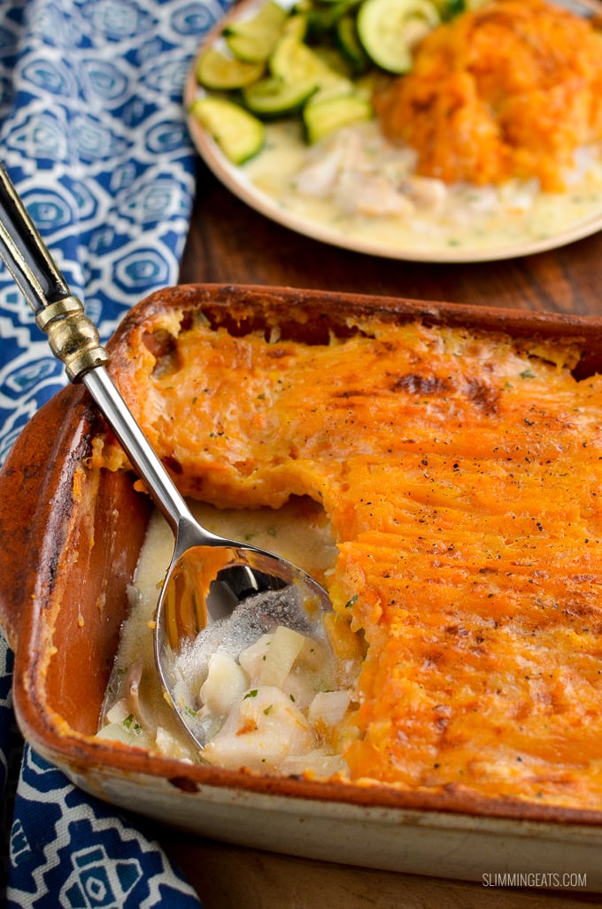 A Simple Dairy Free Fish Pie topped with Delicious Mashed White and Sweet Potato for a comforting family meal. | gluten free, dairy free, paleo, Whole30, Slimming Eats and Weight Watchers friendly