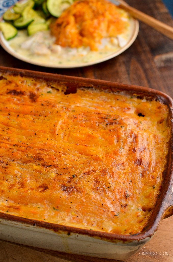 A Simple Dairy Free Fish Pie topped with Delicious Mashed White and Sweet Potato for a comforting family meal. | gluten free, dairy free, paleo, Whole30, Slimming World and Weight Watchers friendly