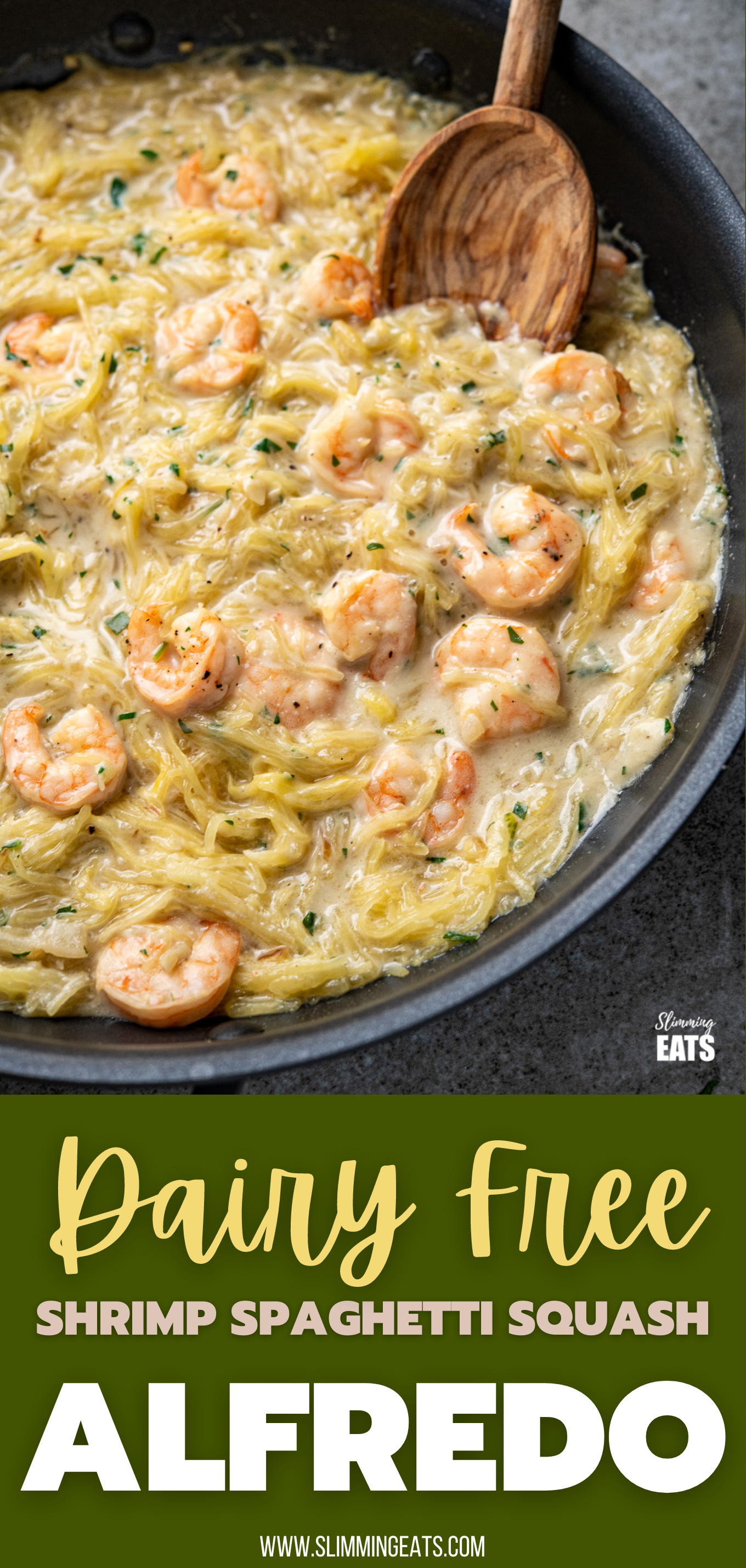Shrimp Spaghetti Squash Alfredo - delicious shrimp in a creamy dairy free Alfredo sauce with low carb spaghetti squash. A perfect pasta alternative dish. #dairyfree #lowcarb #slimmingworld #weightwatchers close up of Shrimp Spaghetti Squash Alfredo in a black frying pan with olive wood spoon