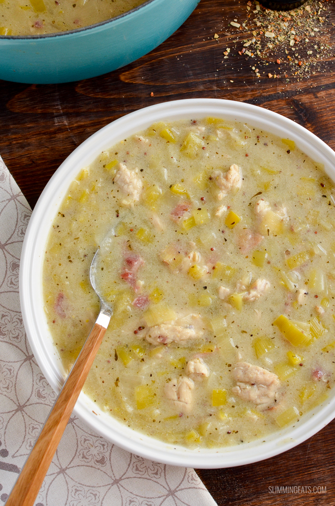 Delicious Creamy Chicken and Leek Soup - packed with heaps of flavour and is gluten and dairy free, as well as being paleo, whole30, Slimming Eats and Weight Watchers friendly 