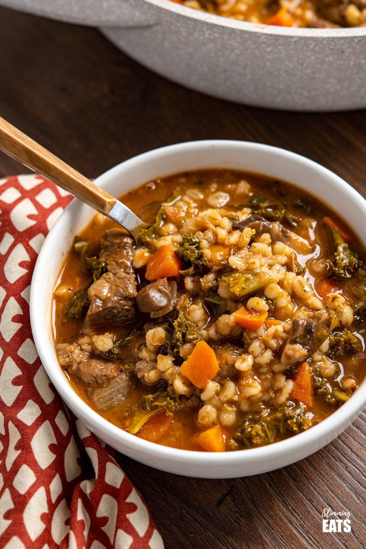 beef and barley stew in white bowl with wooden handled spoon, patterned napkin to the left