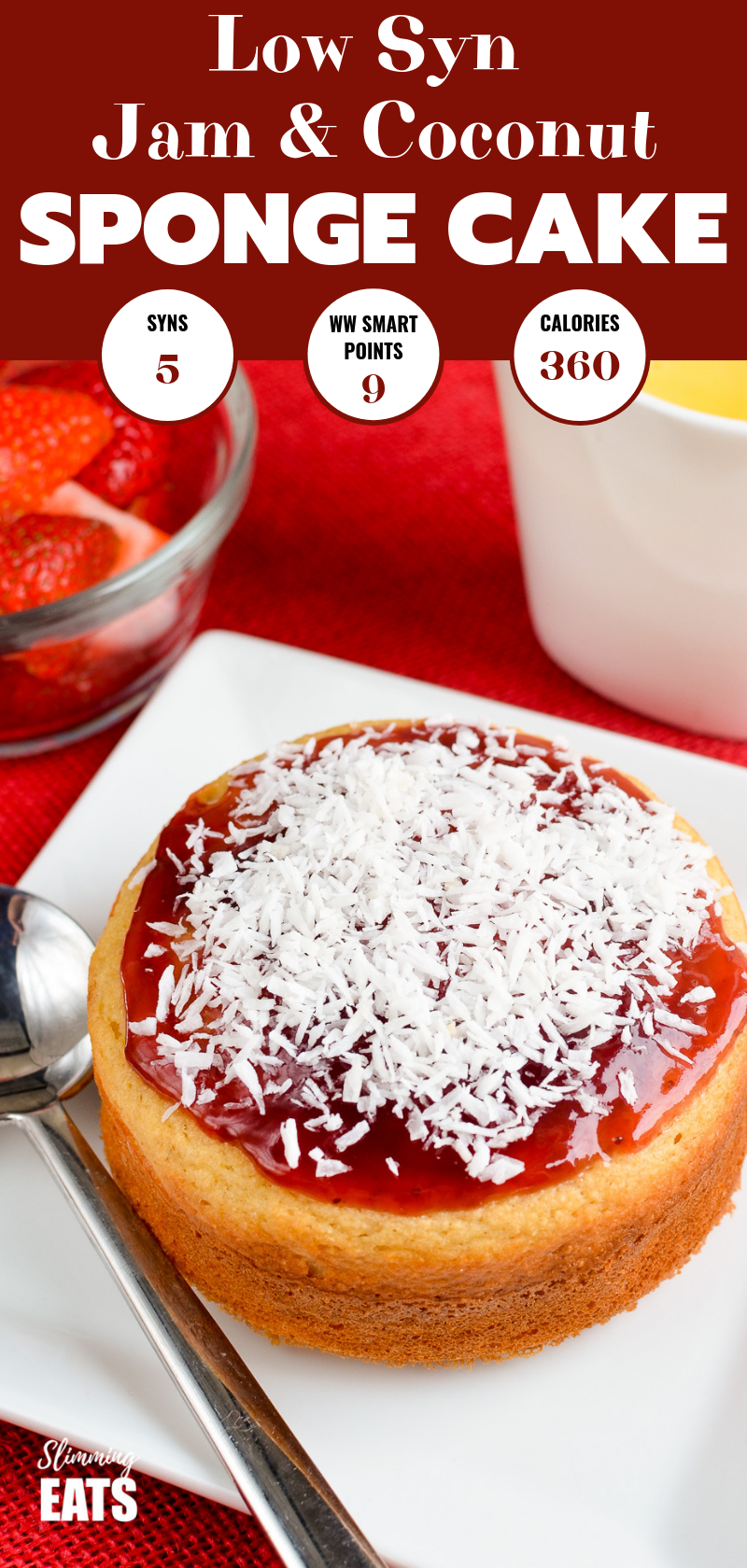 jam and coconut sponge cake on white plate pin image