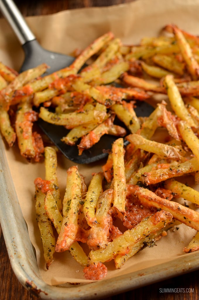 close up of garlic parmesan fries on tray