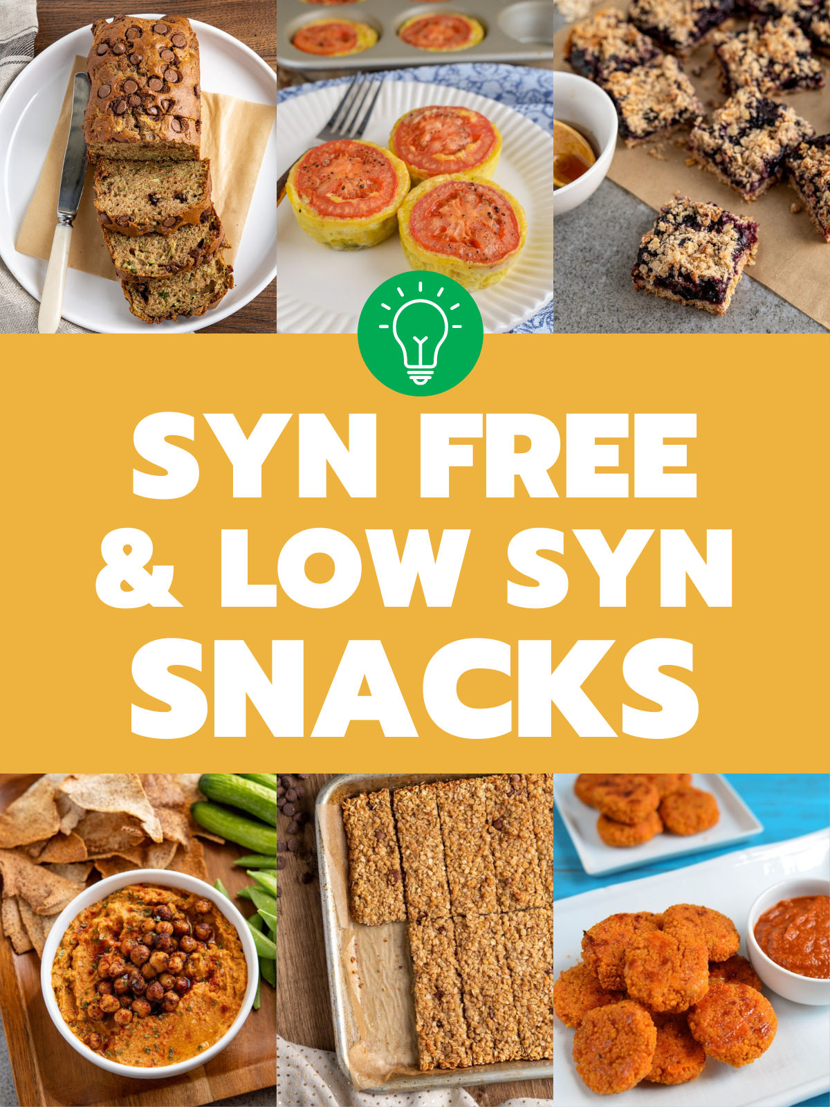 Syn Free and Low Syn Snacks front image for post with text and 6 images of snack ideas