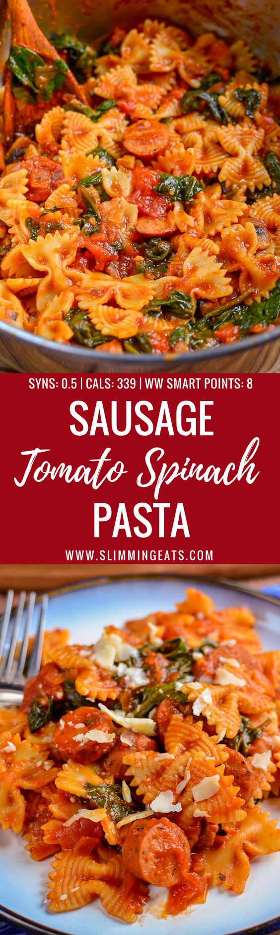 Serve pasta for dinner with the delicious flavours in this super quick Sausage, Tomato and Spinach Pasta -  a perfect family meal. - Gluten free, dairy free, vegetarian, Slimming World and Weight Watchers friendly
