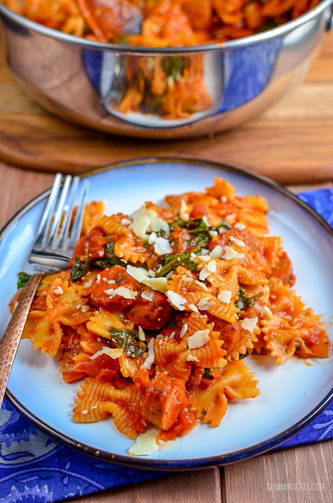 Serve pasta for dinner with the delicious flavours in this super quick Sausage, Tomato and Spinach Pasta -  a perfect family meal. - Gluten free, dairy free, vegetarian, Slimming World and Weight Watchers friendly