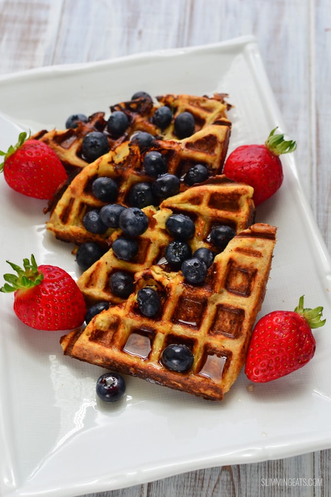  French Toast Waffles on white plate with fruit